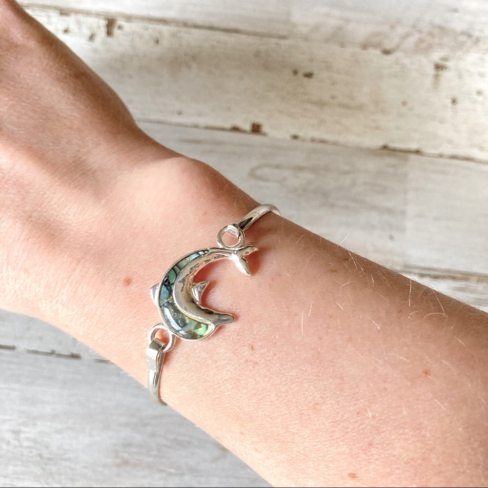 Dolphin Bangle Bracelet Possible Abilone Silver Tone